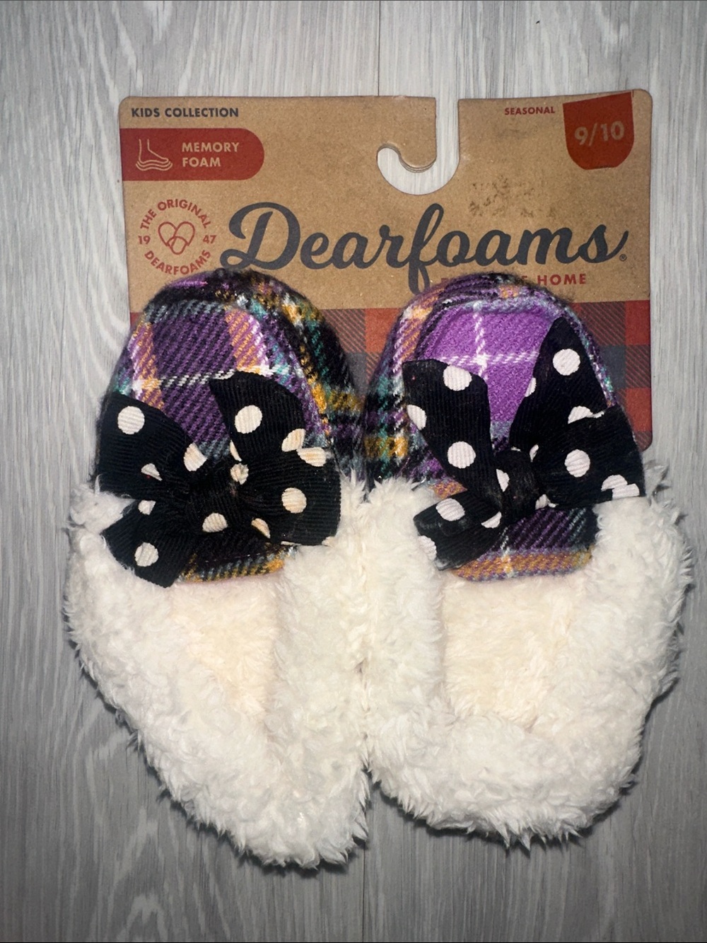 dearfoams Kids Purple Plaid Holiday Slippers, size 9/10